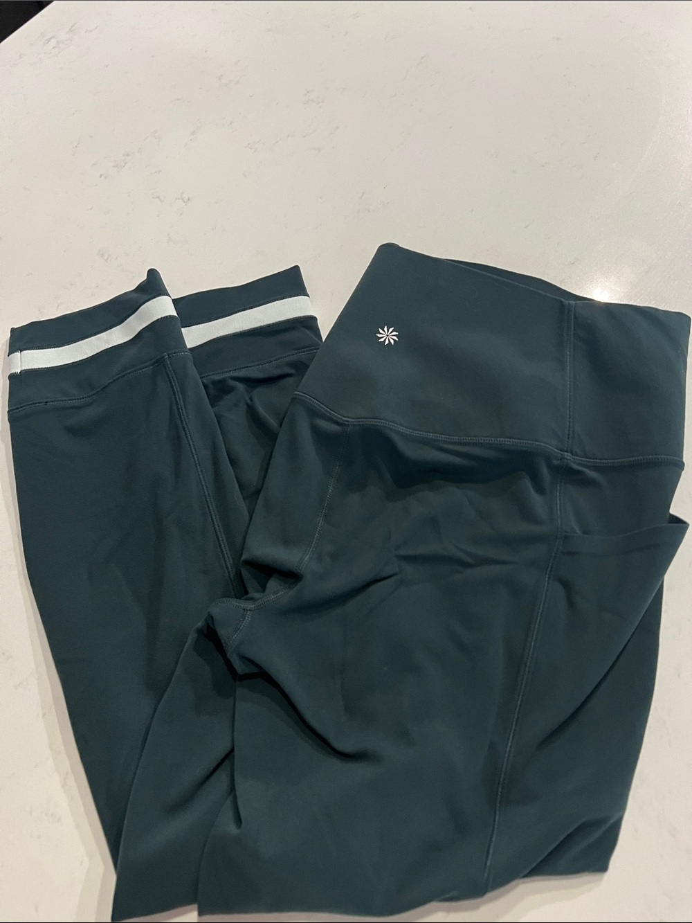 Athleta Forest GreenHigh-Rise crop leg Leggings with White Ankle Stripe